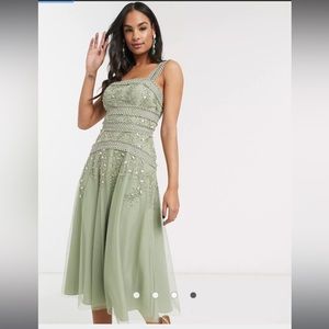 ASOS DESIGN midi skater dress with lace trim and delicate leaf embellishment